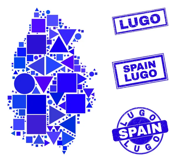 Mapa geométrico azul da província de Lugo mosaico e carimbos — Vetor de Stock