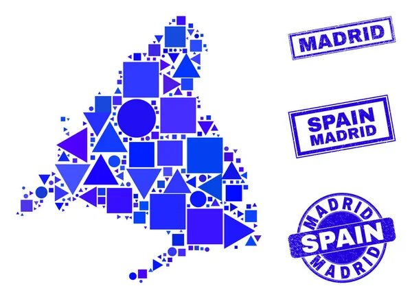 Mosaico Geométrico Azul Madrid Provincia Mapa y sellos — Vector de stock