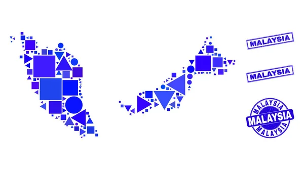 Mapa geométrico azul de Malásia e carimbos —  Vetores de Stock