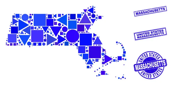 Blue Geometric Mosaic Massachusetts State Map and Seals — Stock vektor