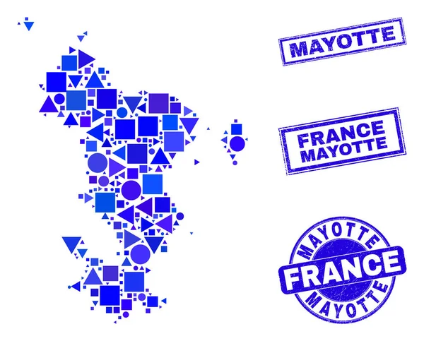 Blue Geometric Mosaic Mayotte Islands Map and Stamps — стоковий вектор