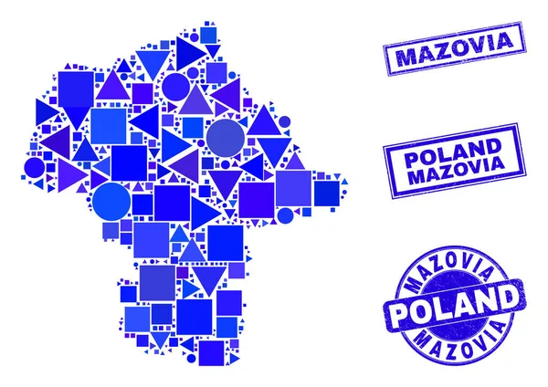 Blauw Geometrische Mozaïek Mazovia Provincie Kaart en Zeehonden — Stockvector