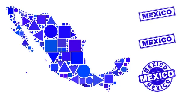 Mosaïque Géométrique Bleue Mexique Carte et sceaux — Image vectorielle