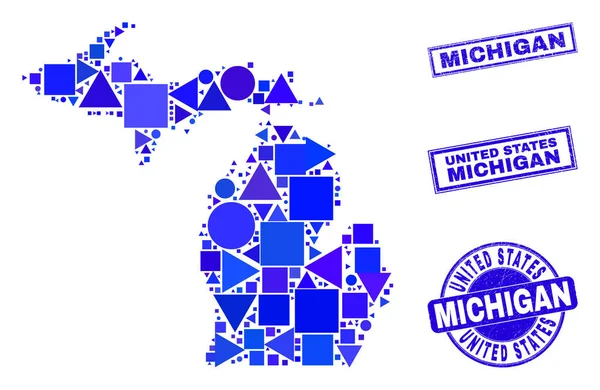 Mapa e carimbos do Estado de Michigan do mosaico geométrico azul — Vetor de Stock