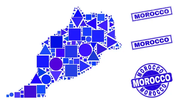 Mapa geométrico azul de Marrocos e selos — Vetor de Stock
