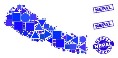 Mavi Geometrik Nepal Haritası ve Mühürleri