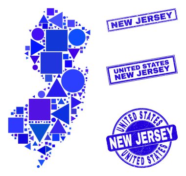 Mavi Geometrik Mozaik New Jersey Eyalet Haritası ve Damgaları