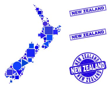 Mavi Geometrik Mozaik Yeni Zelanda Haritası ve Mühürleri