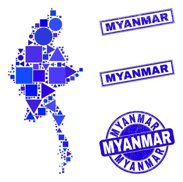 Blue Geometric Mosaic Myanmar Mappa e francobolli — Vettoriale Stock