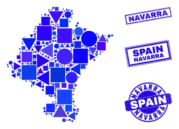 Mapa geométrico azul da província de Navarra do mosaico e selos — Vetor de Stock