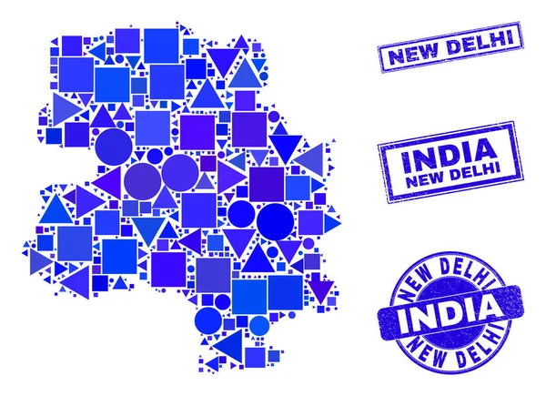 Modrá geometrická mozaika New Delhi Mapa a pečetě — Stockový vektor