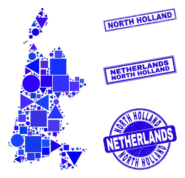 Blaues geometrisches Mosaik Nordholland Karte und Siegel — Stockvektor