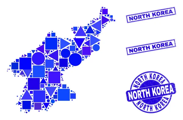 Blue Geometric Mosaic North Korea Map and Seals — Stock Vector