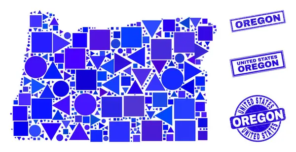 Mapa de Estado de Blue Geometric Mosaic Oregon e Selos — Vetor de Stock