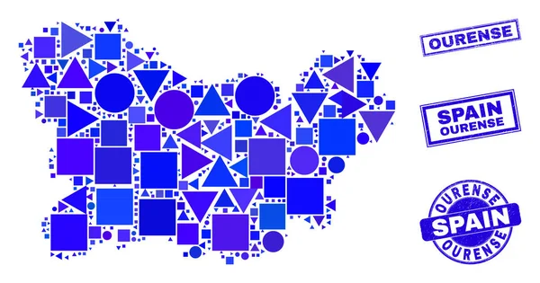 Mapa geométrico azul da província de Ourense do mosaico e selos — Vetor de Stock