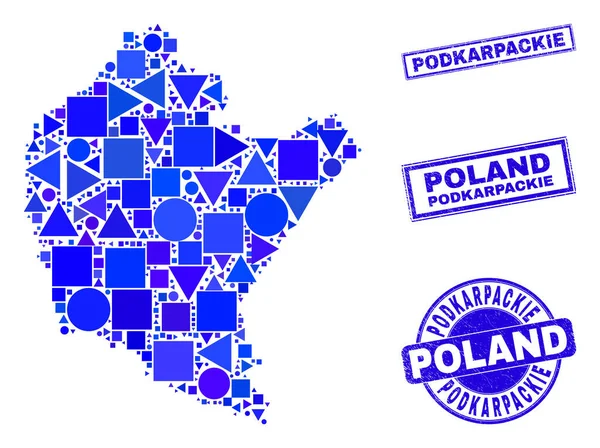 Kék geometrikus mozaik Podkarpackie vajdaság térképe és bélyegzői — Stock Vector