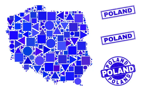 Blauw Geometrische Mozaïek Polen Kaart en postzegels — Stockvector