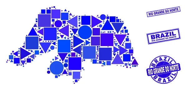 Mapa e carimbos do Estado do Rio Grande do Norte em mosaico geométrico azul —  Vetores de Stock