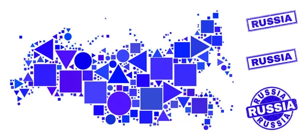 Mapa geométrico azul de Rússia do mosaico e selos — Vetor de Stock