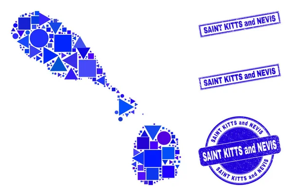 Mosaico geométrico azul San Cristóbal y Nieves Mapa y sellos — Vector de stock