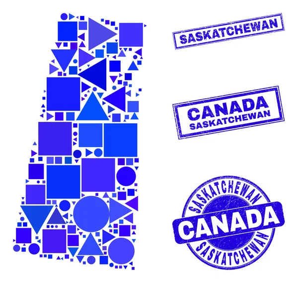 Mosaico Geométrico Azul Provincia de Saskatchewan Mapa y sellos — Vector de stock