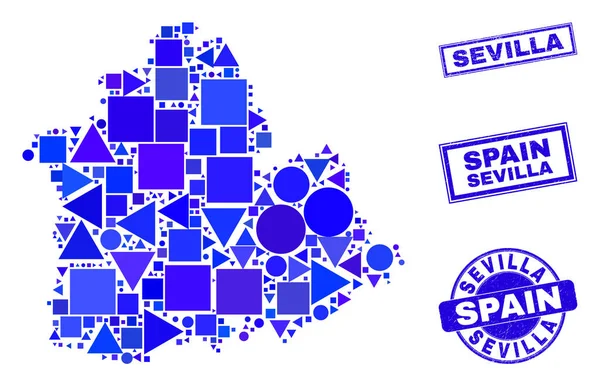 Blue Geometric Mosaic Sevilla Provins Karta och frimärken — Stock vektor