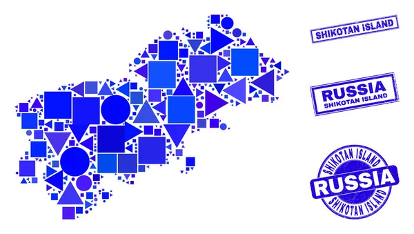 Mosaico geométrico azul Shikotan Island Mapa y sellos — Archivo Imágenes Vectoriales