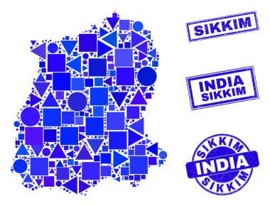 Mavi Geometrik Mozaik Sikkim Devlet Haritası ve Damgaları