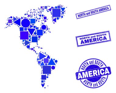 Mavi Geometrik Mozaik Güney ve Kuzey Amerika Harita ve Damgalar
