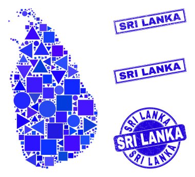 Mavi Geometrik Sri Lanka Haritası ve Damgaları