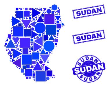 Mavi Geometrik Mozaik Sudan Haritası ve Pulları