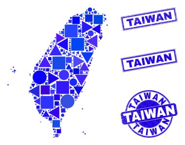 Mavi Geometrik Tayvan Haritası ve Damgaları