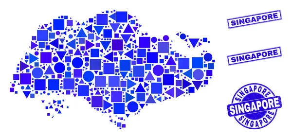 Blue Geometric Mosaic Singapore Map and Seals — стоковий вектор