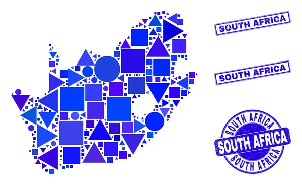 Blaues geometrisches Mosaik der Südafrikanischen Republik Karte und Briefmarken — Stockvektor