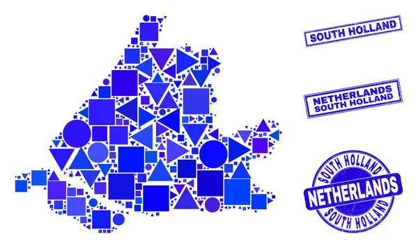 Blaues geometrisches Mosaik Südholland Karte und Briefmarken — Stockvektor