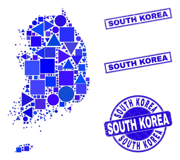 青い幾何モザイク｜韓国地図とシール — ストックベクタ