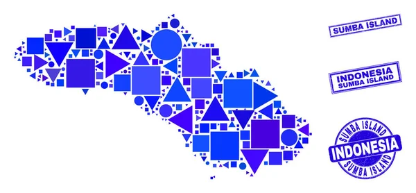 Mosaico Geométrico Azul Sumba Island Mapa y sellos — Archivo Imágenes Vectoriales