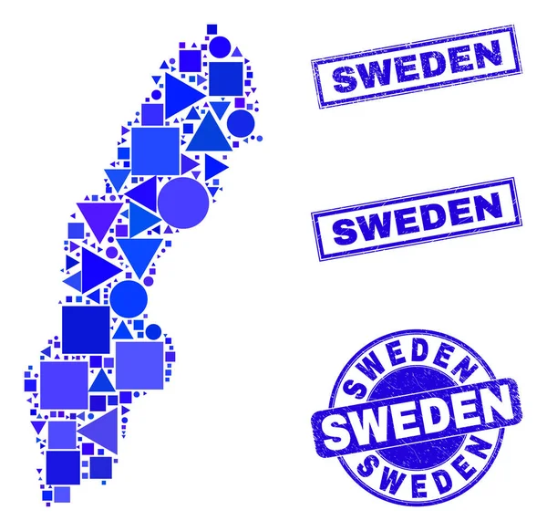 Mavi Geometrik Mozaik İsveç Haritası ve Damgaları — Stok Vektör