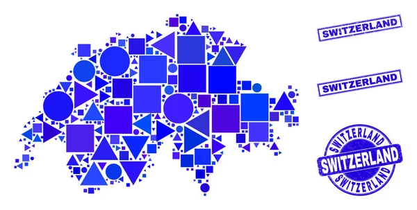 Mosaico geométrico azul Suiza Mapa y sellos — Vector de stock