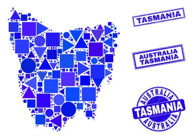 Mavi Geometrik Mozaik Tazmanya Adası Harita ve Mühürleri