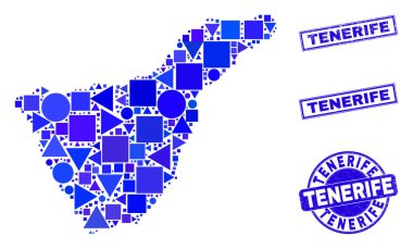 Mavi Geometrik Mozaik Tenerife Haritası ve Mühürleri