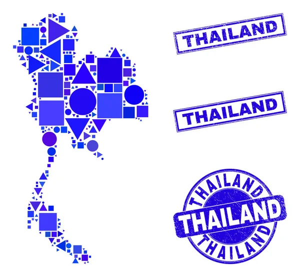 Blaues geometrisches Mosaik Thailand Karte und Briefmarken — Stockvektor