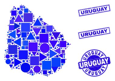 Mavi Geometrik Mozaik Uruguay Haritası ve Mühürleri