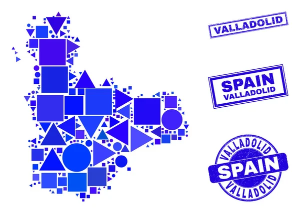 Mapa geométrico azul da província de Valladolid do mosaico e selos — Vetor de Stock