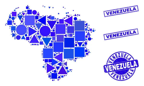 Mosaico Geométrico Azul Venezuela Mapa y sellos — Vector de stock