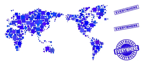 Μπλε Γεωμετρικός Ψηφιδωτός Παγκόσμιος Χάρτης και Γραμματόσημα — Διανυσματικό Αρχείο