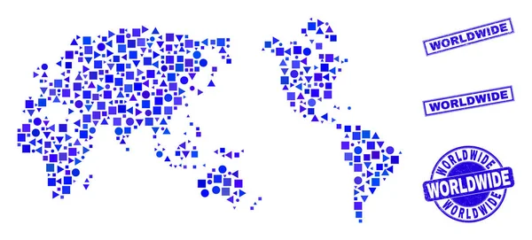 Blue Geometric Mosaic Världskarta och frimärken — Stock vektor