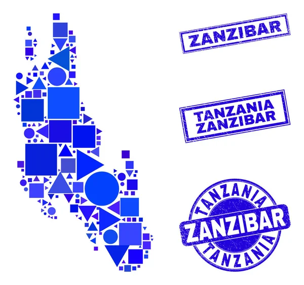Mavi Geometrik Mozaik Zanzibar Ada Haritası ve Damgaları