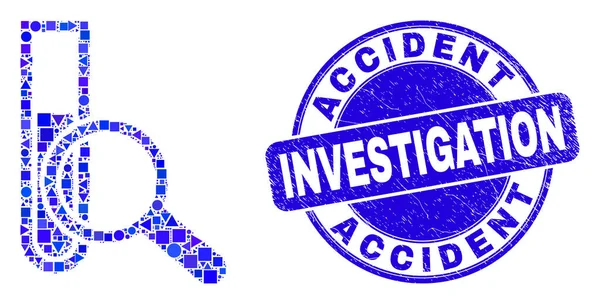 Blu graffiato incidente inchiesta timbro ed esplorare Test-Tube mosaico — Vettoriale Stock
