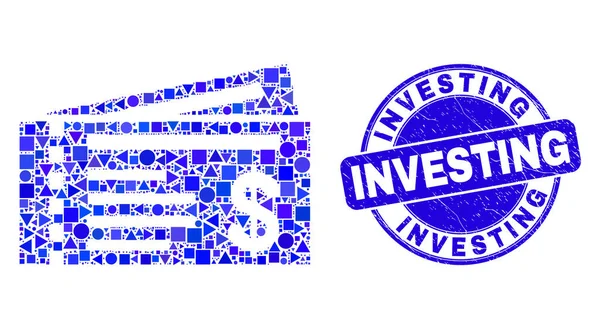 Blue Distress Investing Stamp and Dollar Cheques Mosaic — Stock Vector